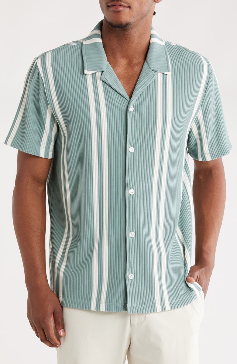 FOR THE REPUBLIC Stripe Short Sleeve Button-Up Shirt, Main, color, Green/ Ivory