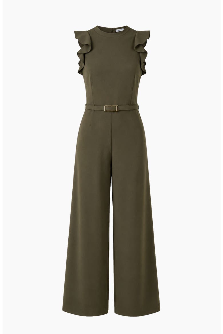 Sleeveless Ruffle-Shoulder Wide-Leg Belted Jumpsuit, Alternate, color, Olive Green