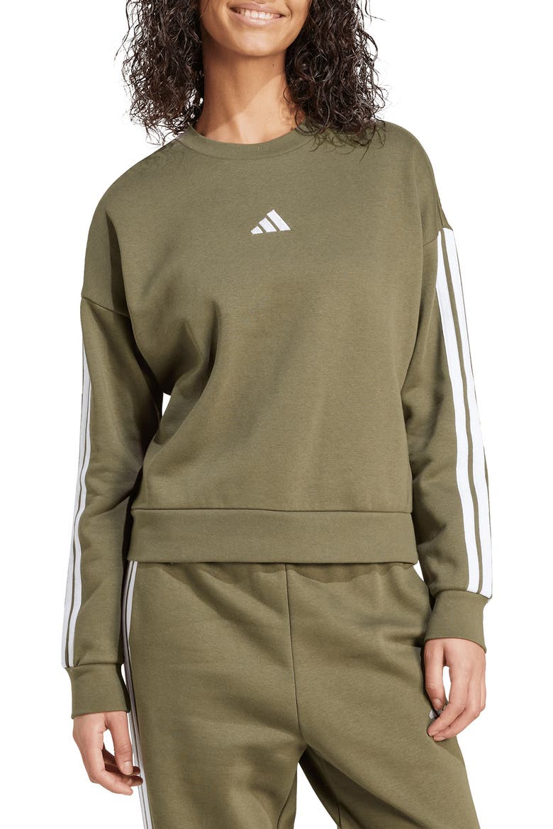 Essentials 3-Stripes Fleece Sweatshirt, Main, color, OLIVE STRATA/ WHITE