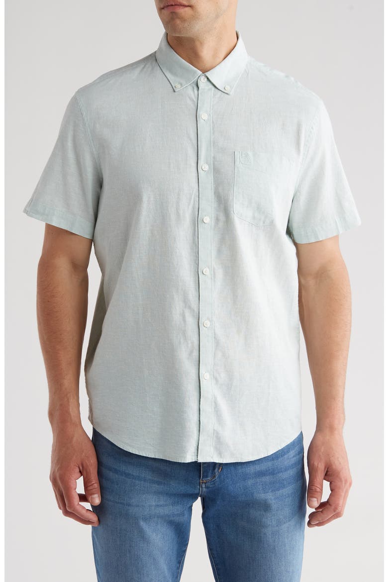 Stretch Linen Blend Short Sleeve Shirt, Main, color, SURF SPRAY