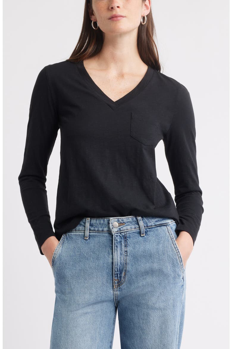 Long Sleeve V-Neck T-Shirt, Main, color, BLACK