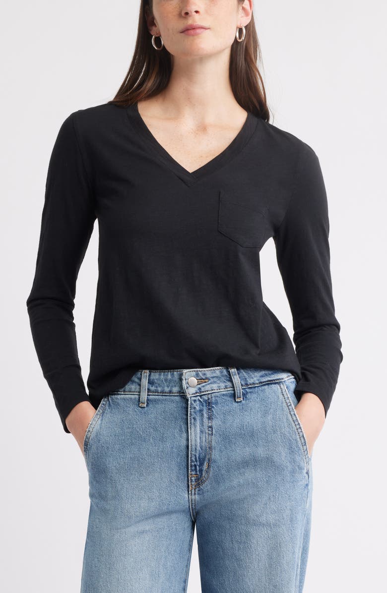 Caslon<sup>®</sup> Long Sleeve V-Neck T-Shirt, Main, color, Black