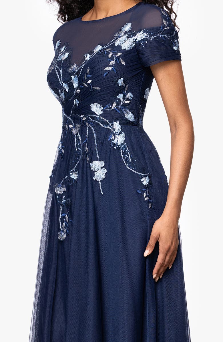 Betsy & Adam Embroidered Sequin Floral Bodice Mesh Gown, Alternate, color, Navy/ Multi
