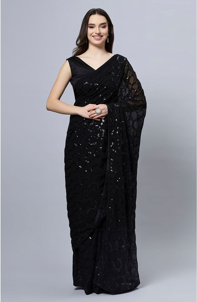 One Minute Saree<sup>®</sup> Anna Black Faux Georgette Sequins Ready To Wear Saree, Main, color, 