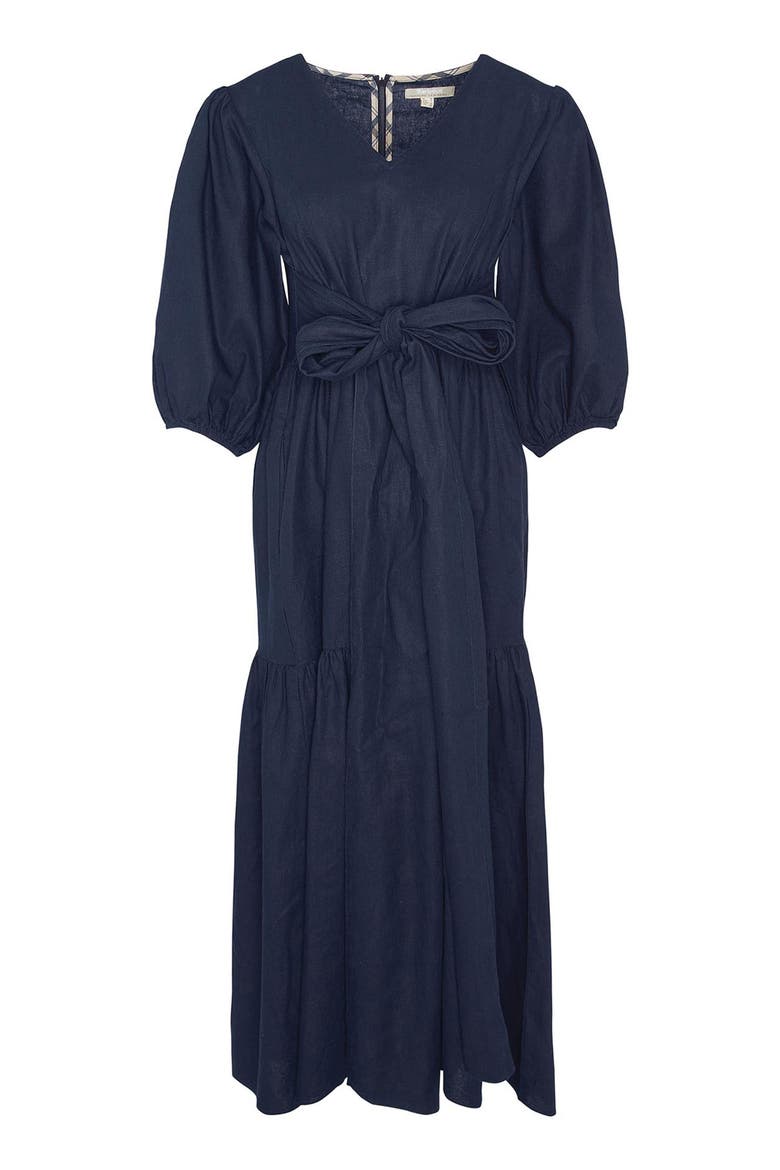 Annie Puff Sleeve Linen & Cotton Midi Dress, Alternate, color, NAVY