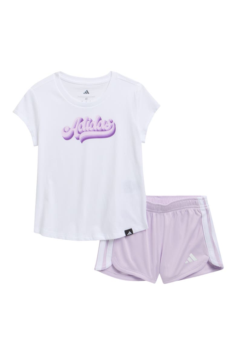 Kids' Logo T-Shirt & 3-Stripes Shorts, Main, color, WHITE/ PURPLE