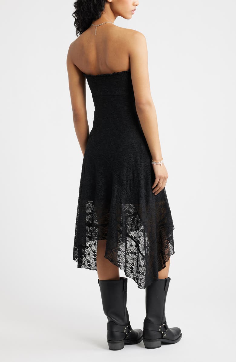 BP. Strapless Lace Asymmetric Hem Dress, Alternate, color, Black