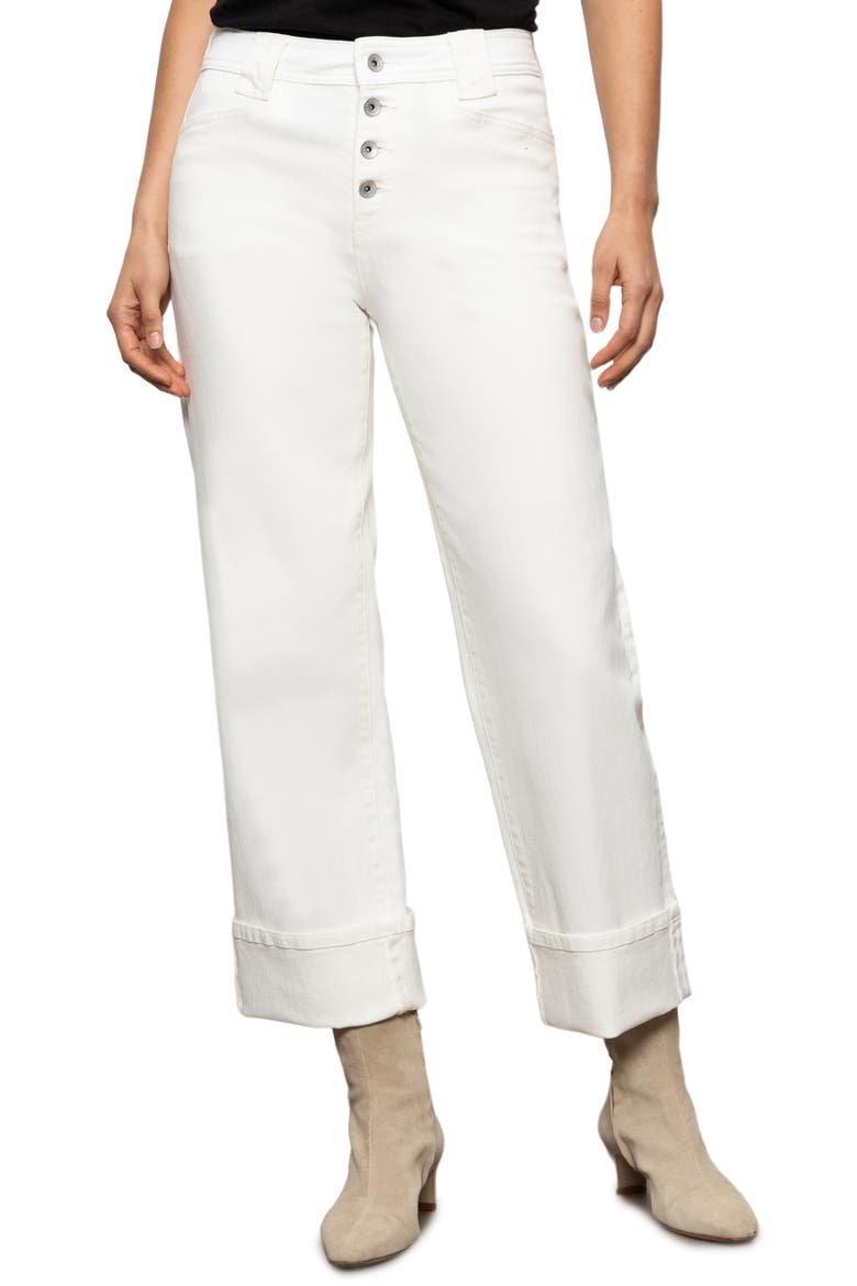 Luna Button Fly High Waist Cuff Straight Leg Jeans, Main, color, BLEACHED WHITE