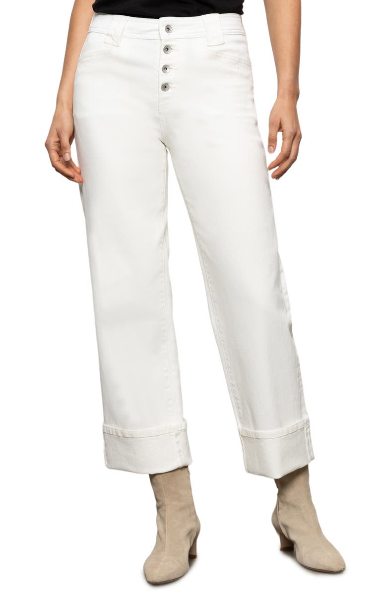 Sanctuary Luna Button Fly High Waist Cuff Straight Leg Jeans, Main, color, Bleached White