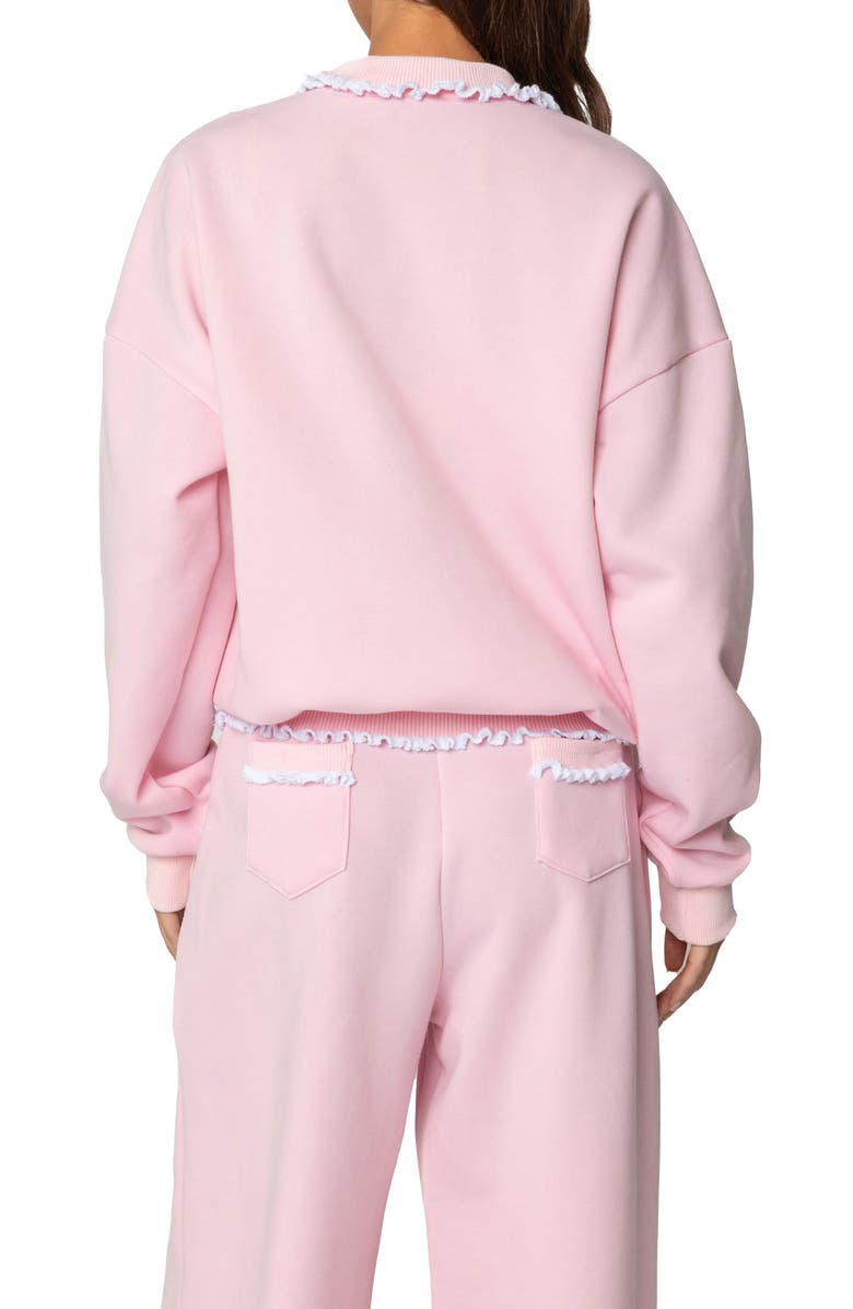 EDIKTED Ashtin Ruffle Trim Half Zip Sweatshirt, Alternate, color, Light-Pink