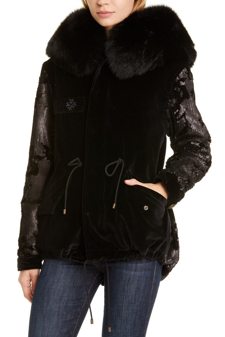 Sequin Embellished Velvet Coat with Removable Genuine Fox Fur Trim, Alternate, color, BLACK