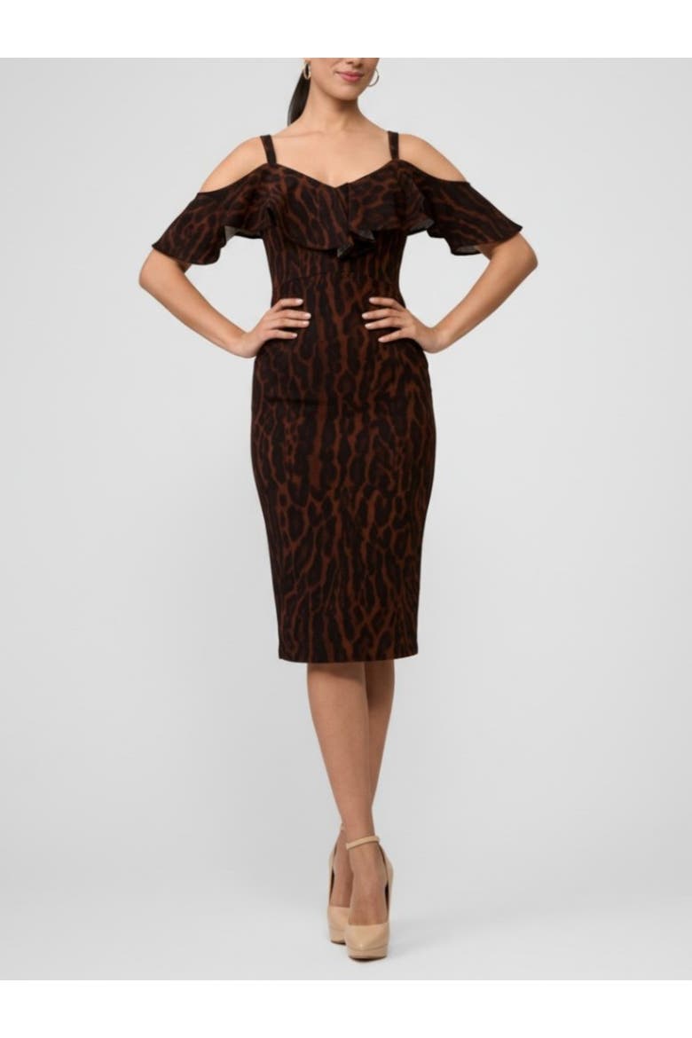 Marcella Printed Off the Shoulder Ruffle Midi Dress, Main, color, Holiday Leopard