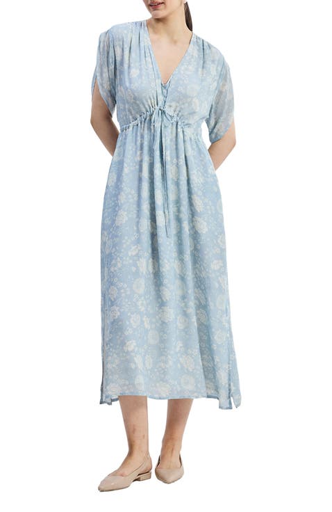 Maxi Gathered Dress in Blue Florals