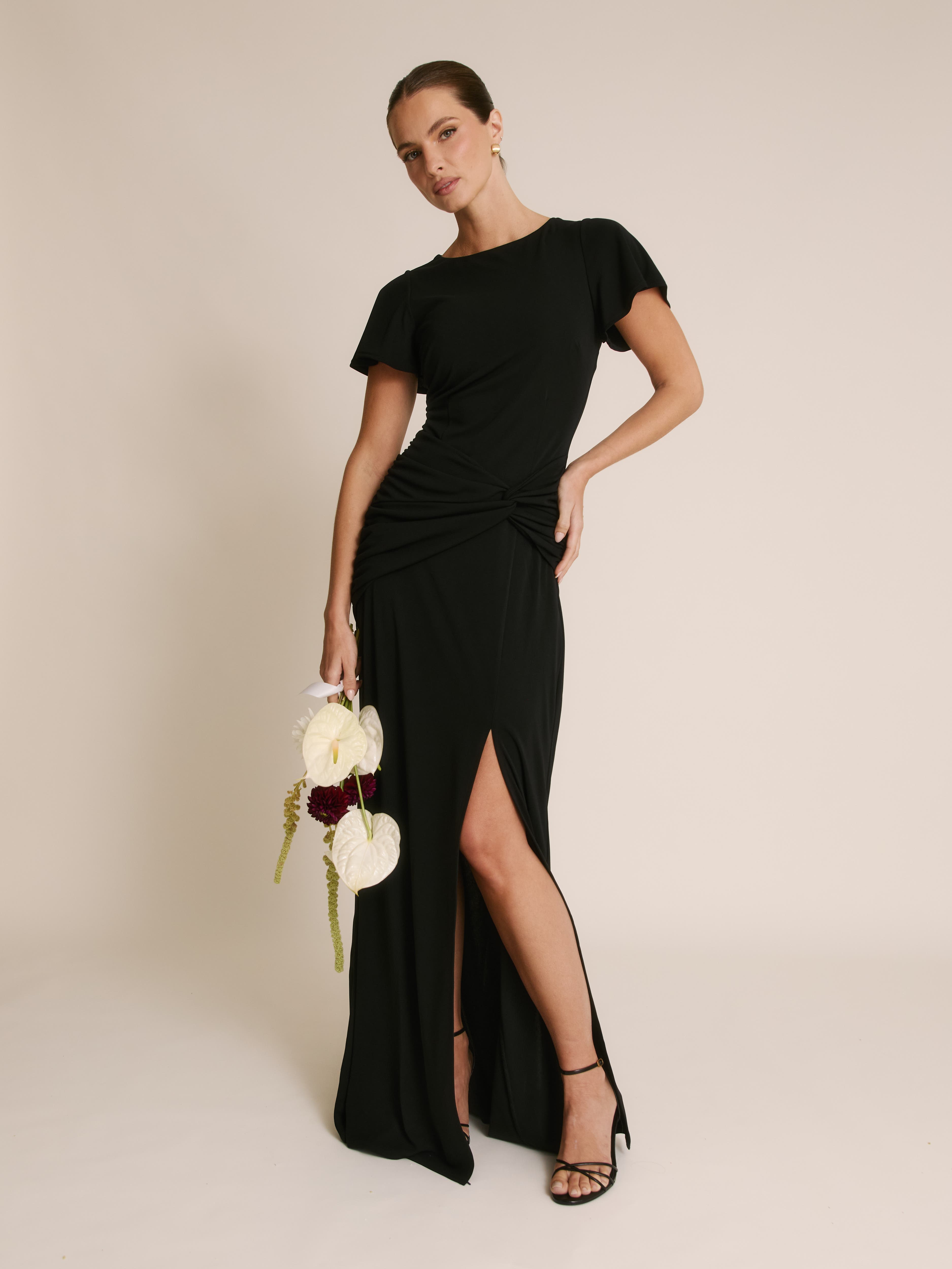 Six Stories Knot Panel Flutter Sleeve Maxi Dress In Black