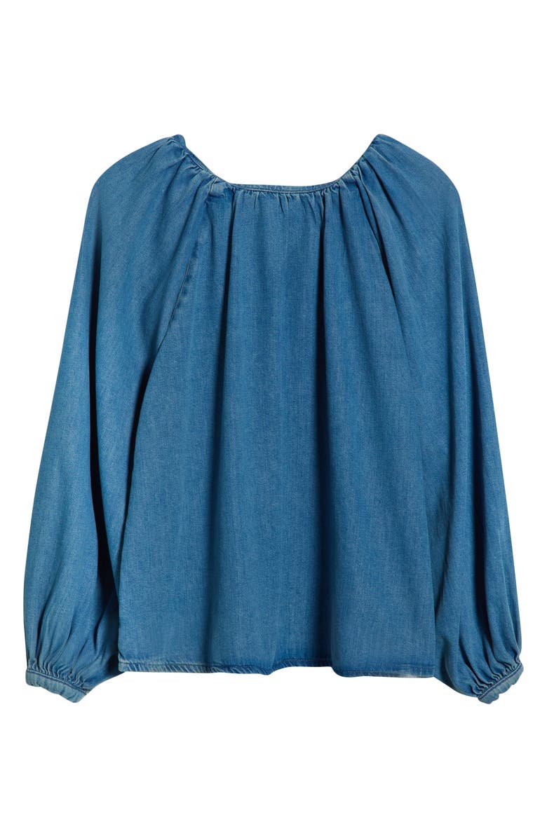 Topshop Puff Sleeve Denim Shirt, Alternate, color, Medium Blue