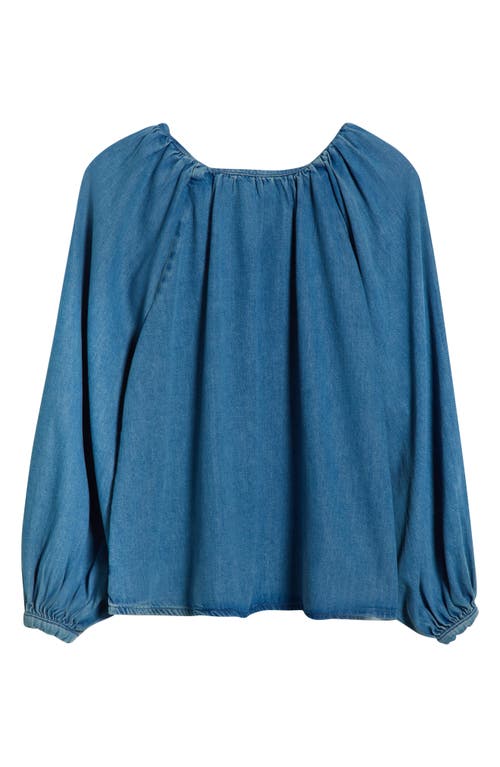 Topshop Denim Puff Sleeve Top With Bow Tie In Blue