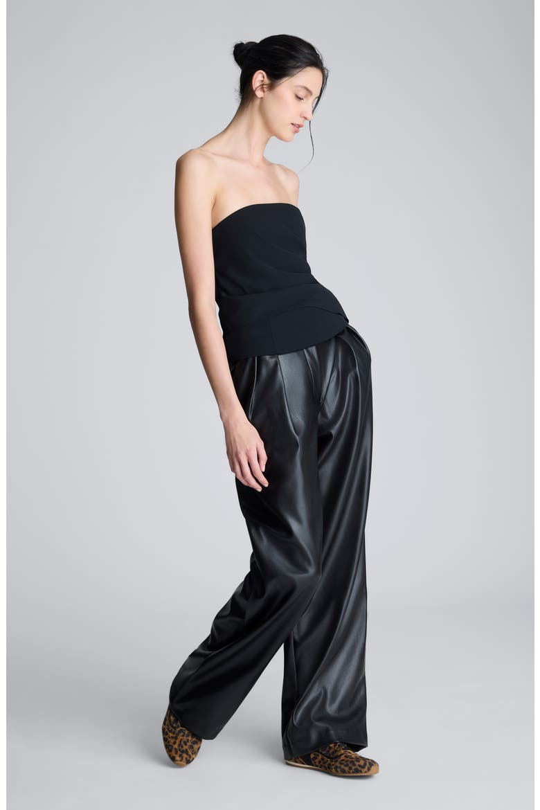 Double Pleat High Waist Wide Leg Faux Leather Pants, Alternate, color, BLACK