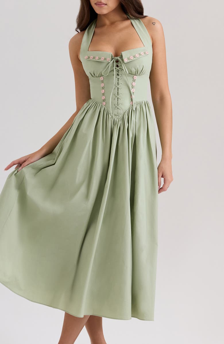 HOUSE OF CB Emilia Corset Halter Midi Dress, Alternate, color, Reseda