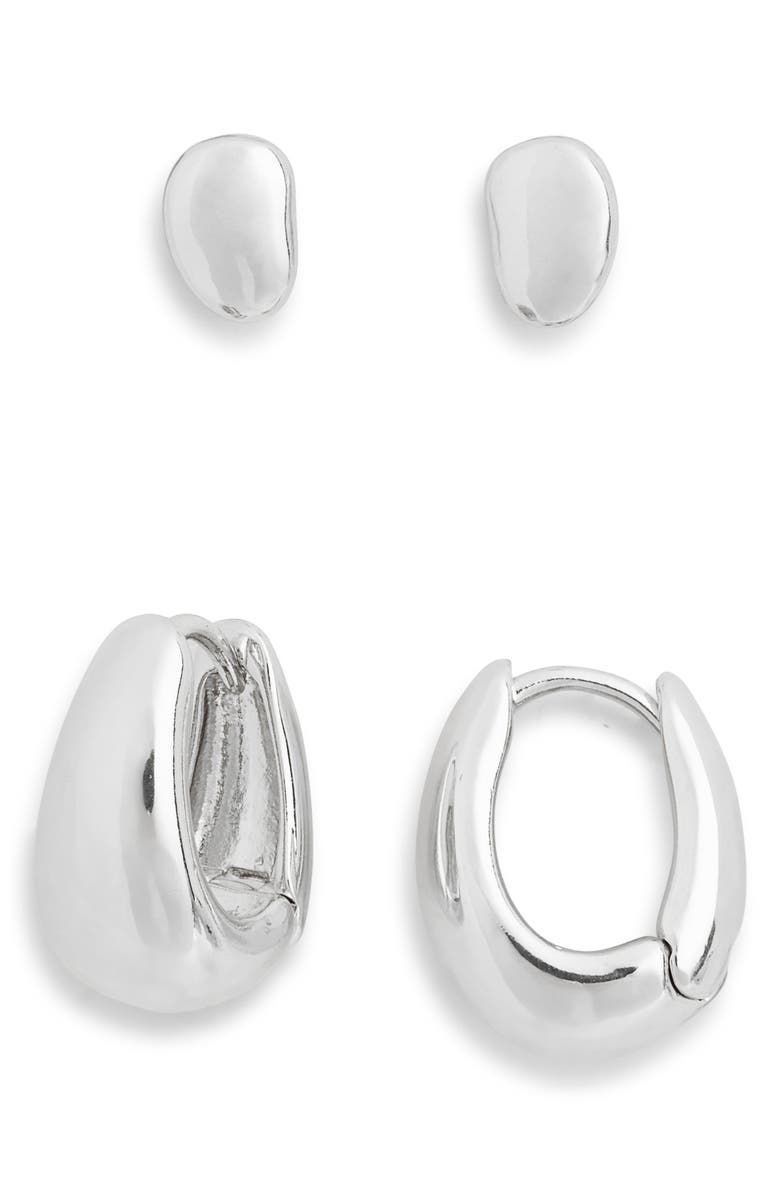 NORDSTROM RACK Set of 2 Demi Fine Stud & Huggie Hoop Earrings, Main, color, Silver