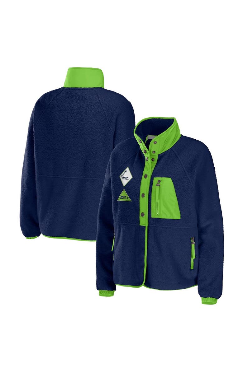 WEAR by Erin Andrews Women's WEAR by Erin Andrews College Navy Seattle Seahawks Polar Fleece Raglan Full-Snap Jacket, Main, color, Navy