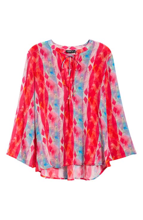 Print Split Neck Bell Sleeve Top