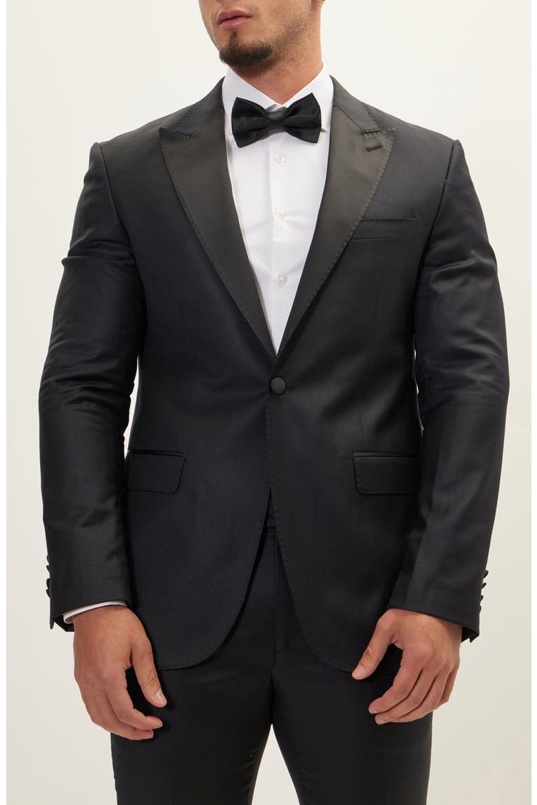 Trim Fit Peak Lapel Wool & Silk Tuxedo, Main, color, BLACK