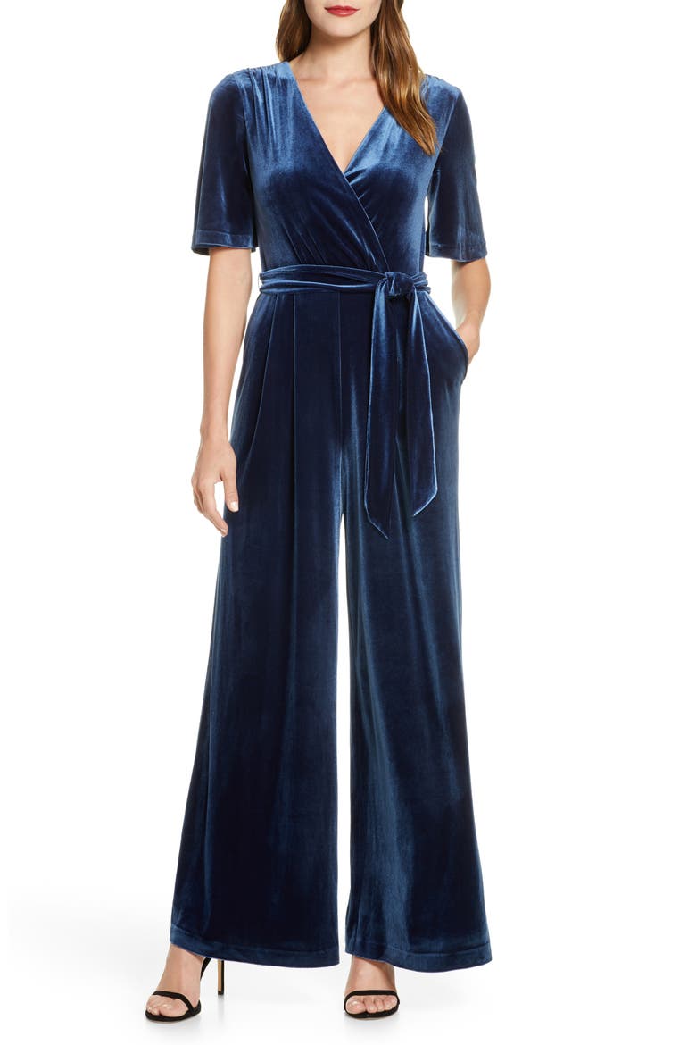 Wide Leg Faux Wrap Velvet Jumpsuit, Main, color, BLUE