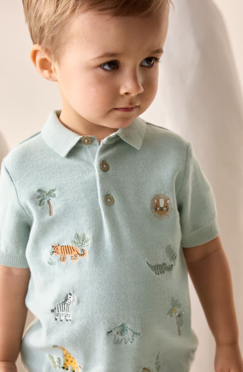 NEXT Kids' Embroidered Animal Knit Polo, Alternate, color, Mineral Blue