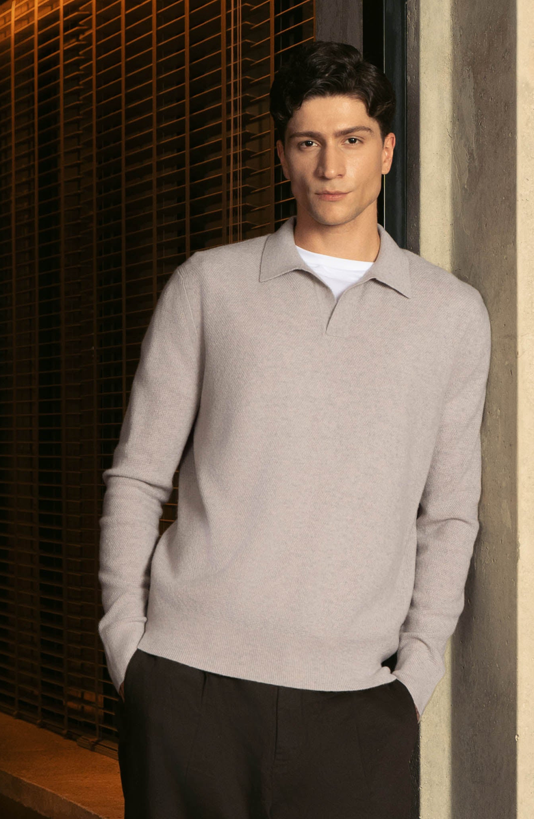 Italic Olivier Birdseye Cashmere Long Sleeve Polo, Alternate, color, Toasted Oat