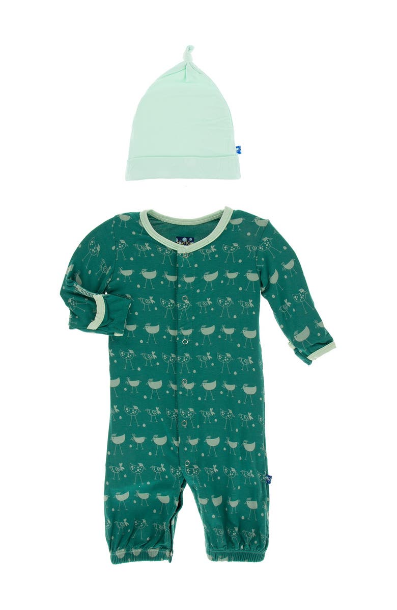 KicKee Pants Print Layette Gown Converter & Knot Hat Set in Ivy Chickens, Alternate, color, 