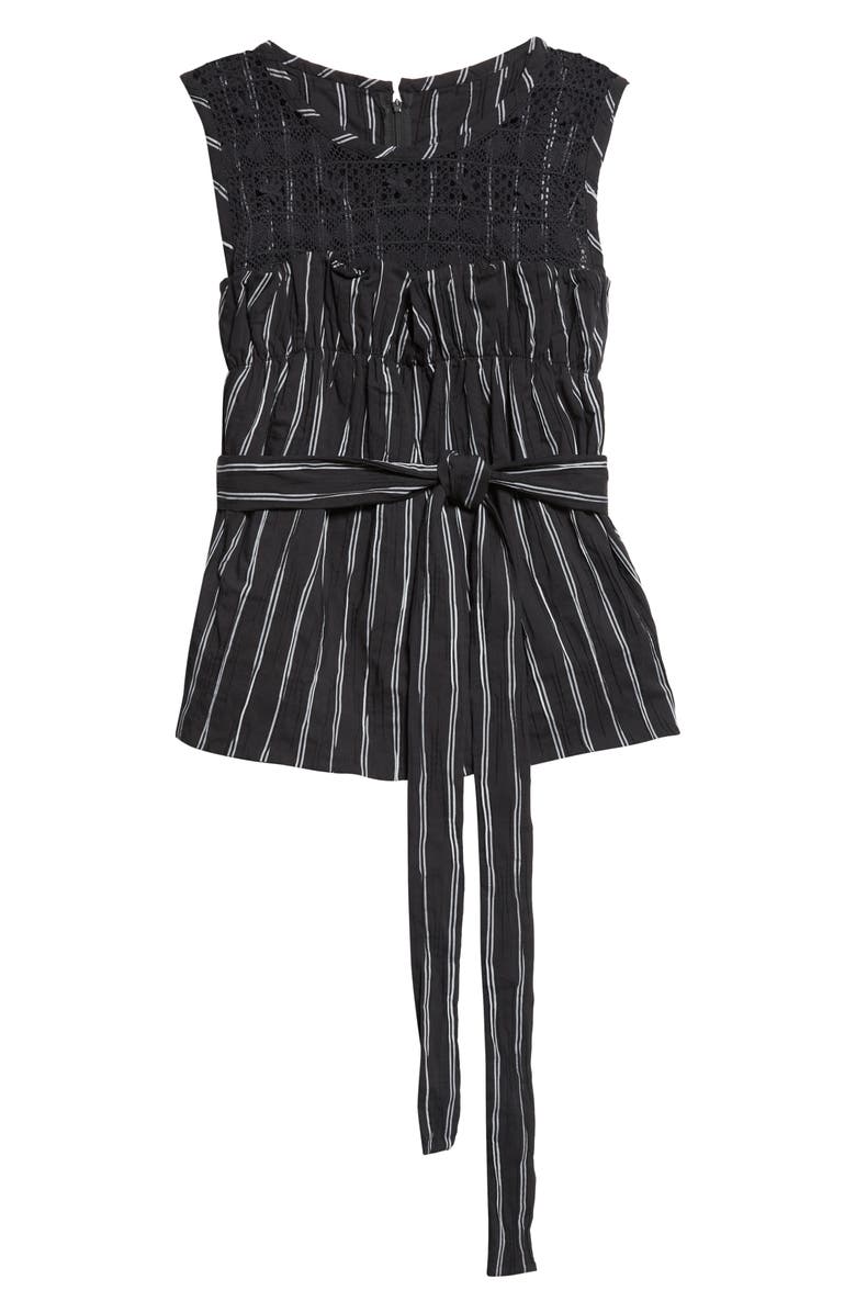 KÚR Bobbin Lace Yoke Stripe Belted Top, Alternate, color, Black Multi