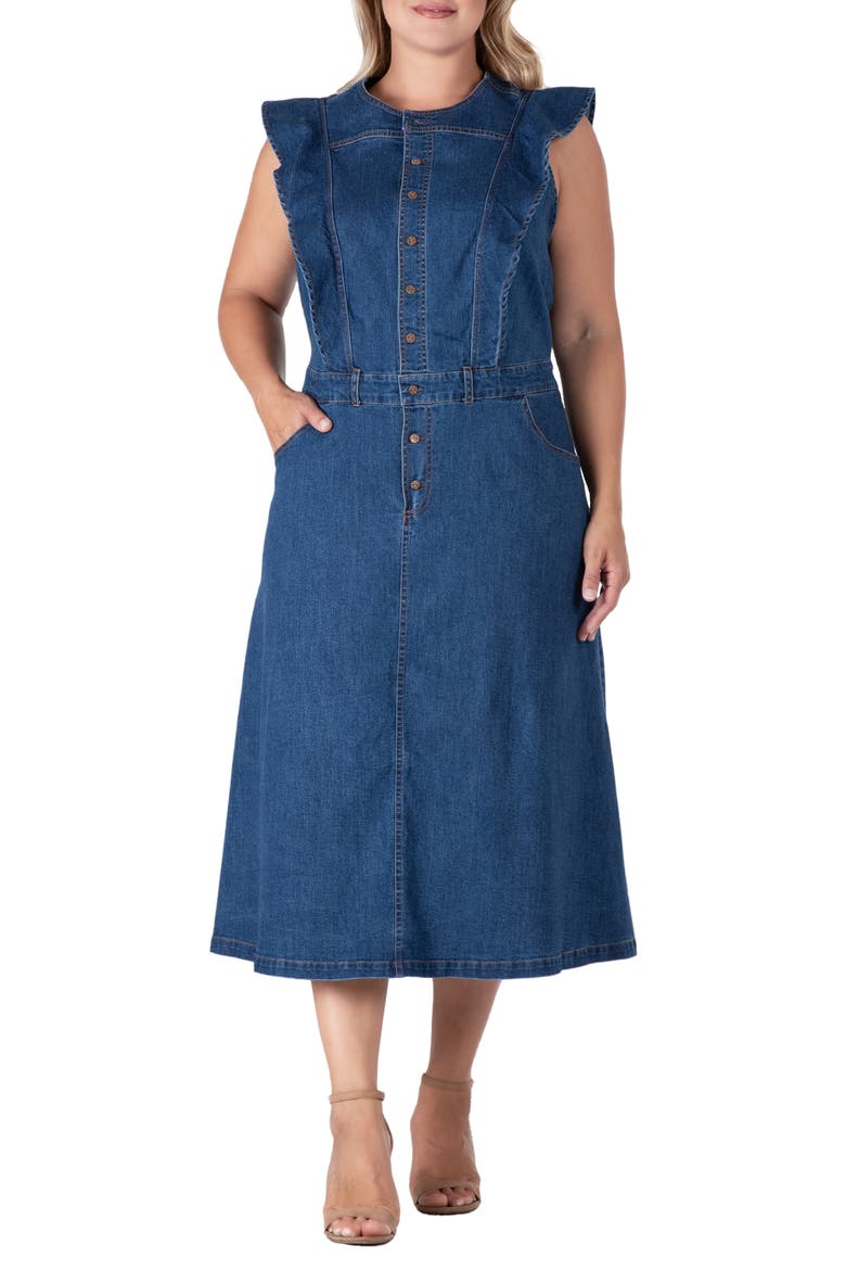 Ruffle Sleeveless Denim Dress, Main, color, DARK BLUE