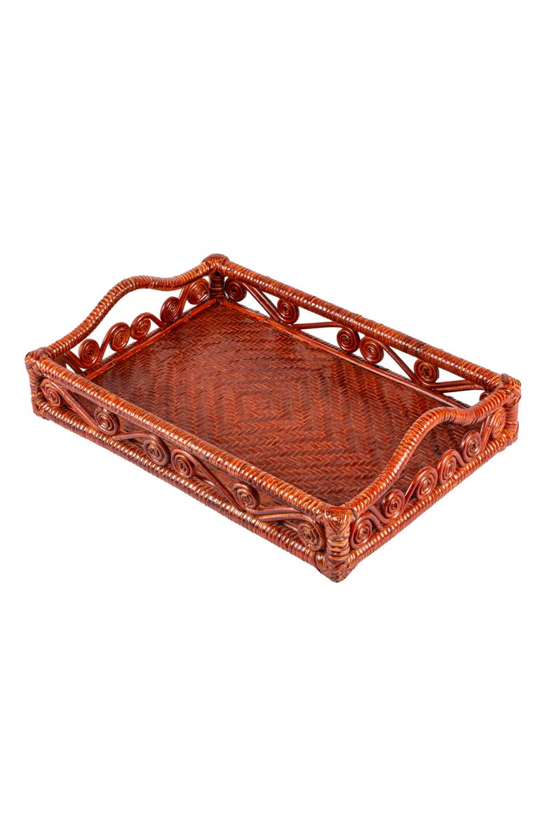 Baron Handcrafted Rattan/Wood Webbing Rectangular Woven Scroll Decorative Serving Tray with Handles, Main, color, Auburn