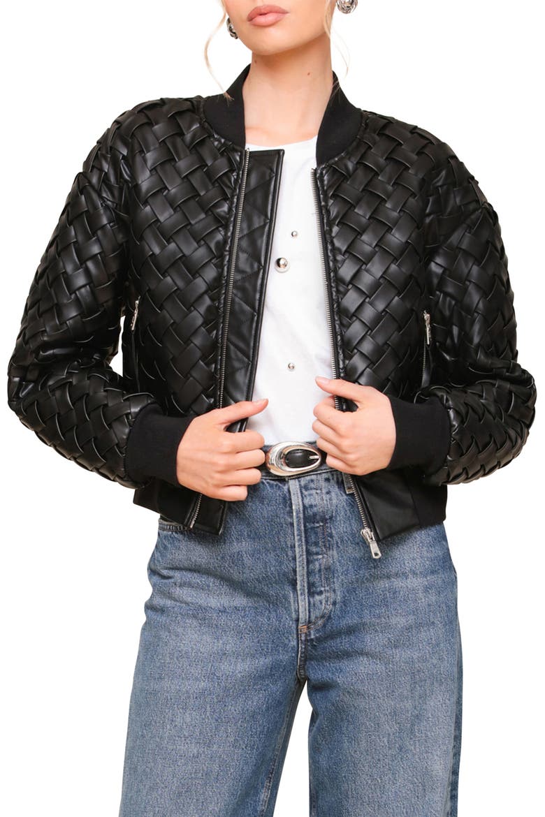 Weave Crop Faux Leather Bomber Jacket, Main, color, BLACK