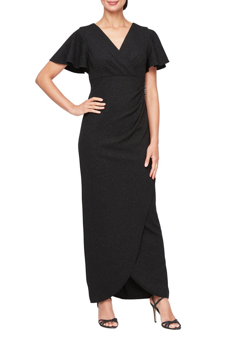 Flutter Sleeve Glitter Gown, Main, color, BLACK