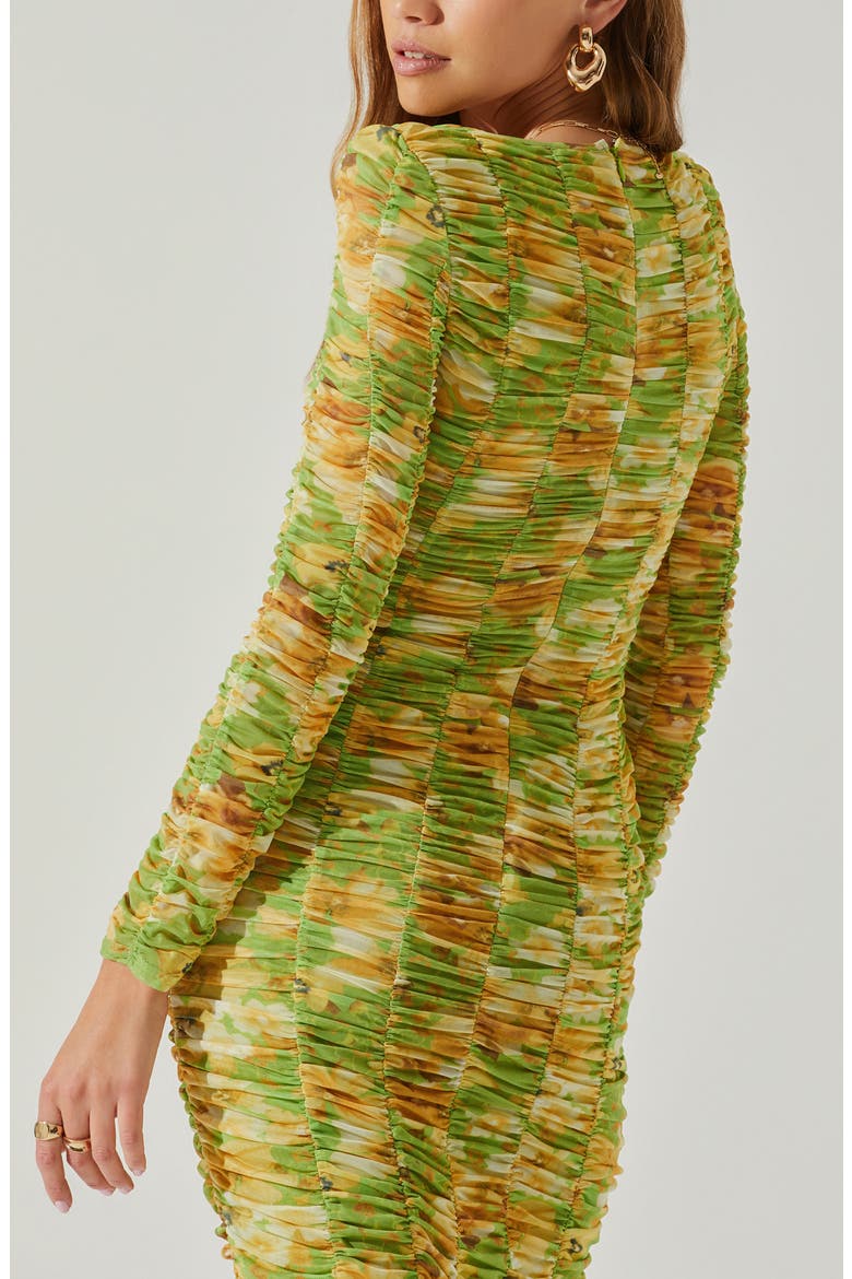 Yelina Floral Long Sleeve Ruched Dress, Alternate, color, LIME YELLOW