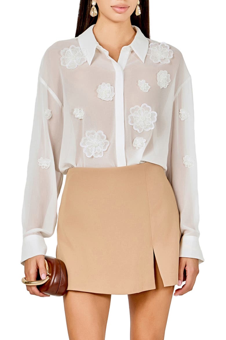 Floral Detail Sheer Shirt, Main, color, WHITE