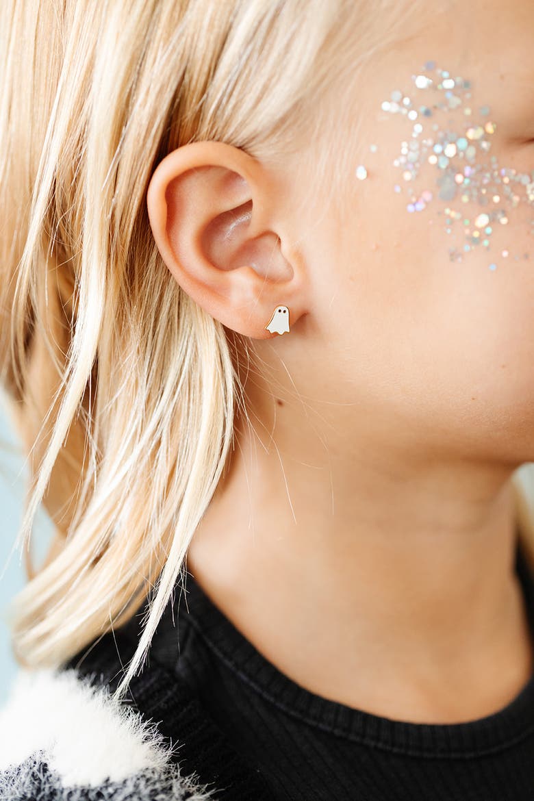 Girls' Ghost Flatback Stud Hypoallergenic Earrings, Alternate, color, White