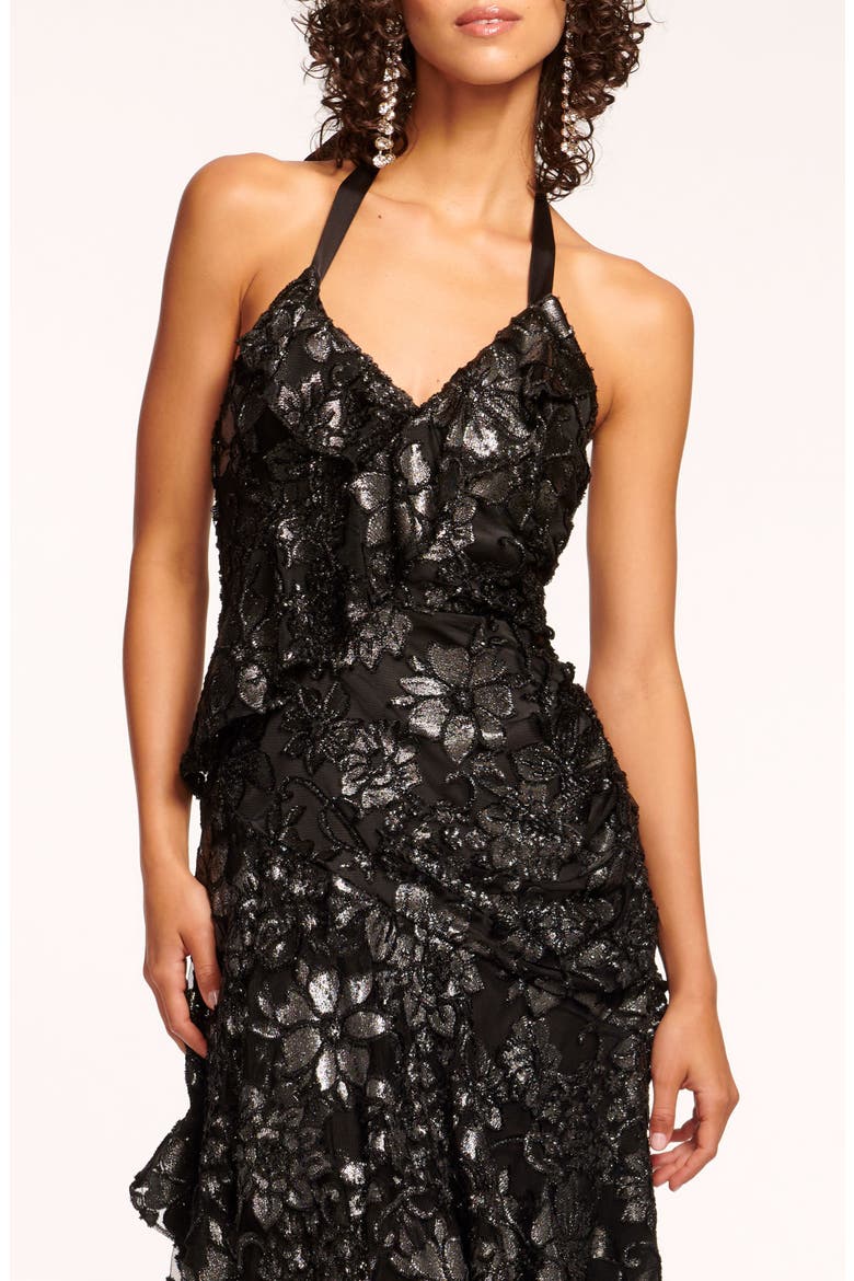 Chaplin Metallic Floral Halter High-Low Gown, Alternate, color, GUNMETAL FLOWER