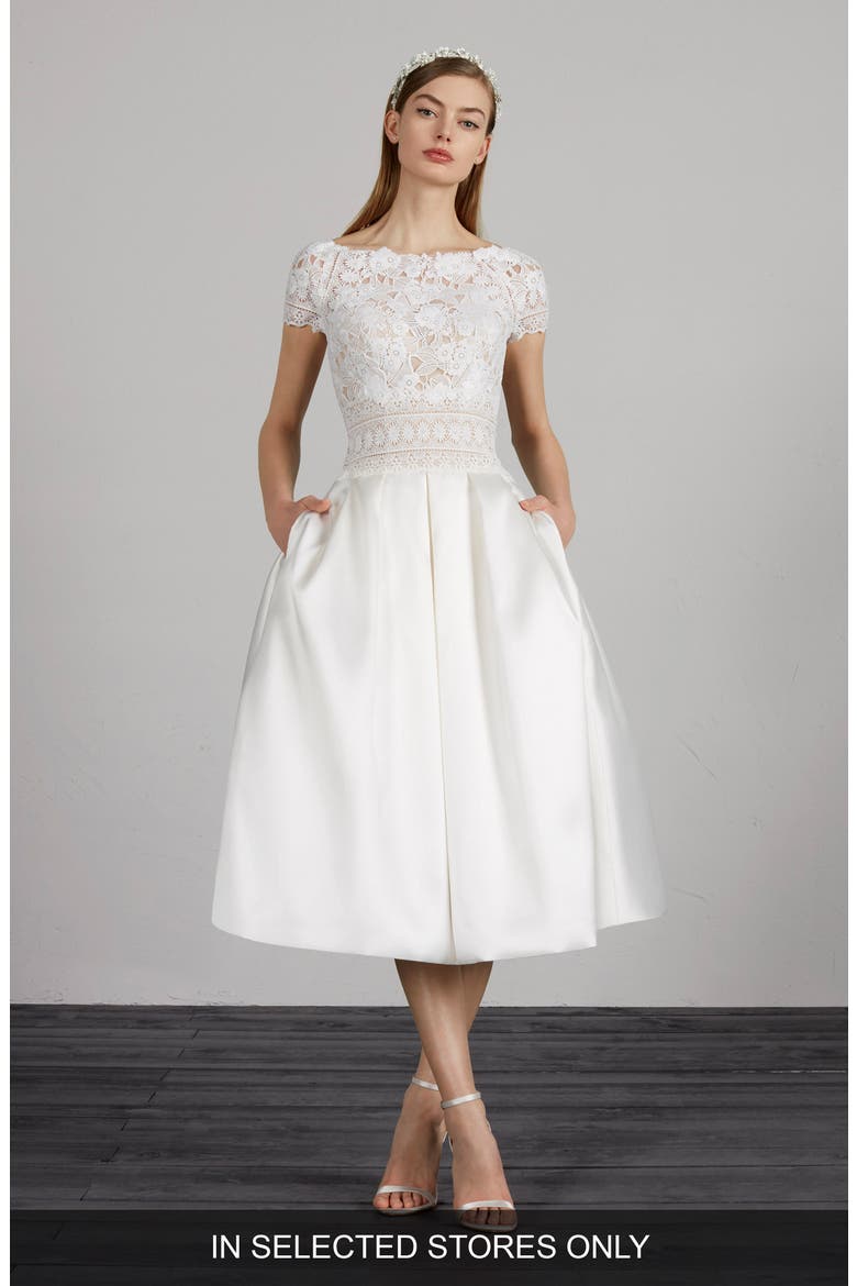 Miami Lace & Mikado Tea Length Dress, Main, color, OFF WHITE/ CRST/ ND
