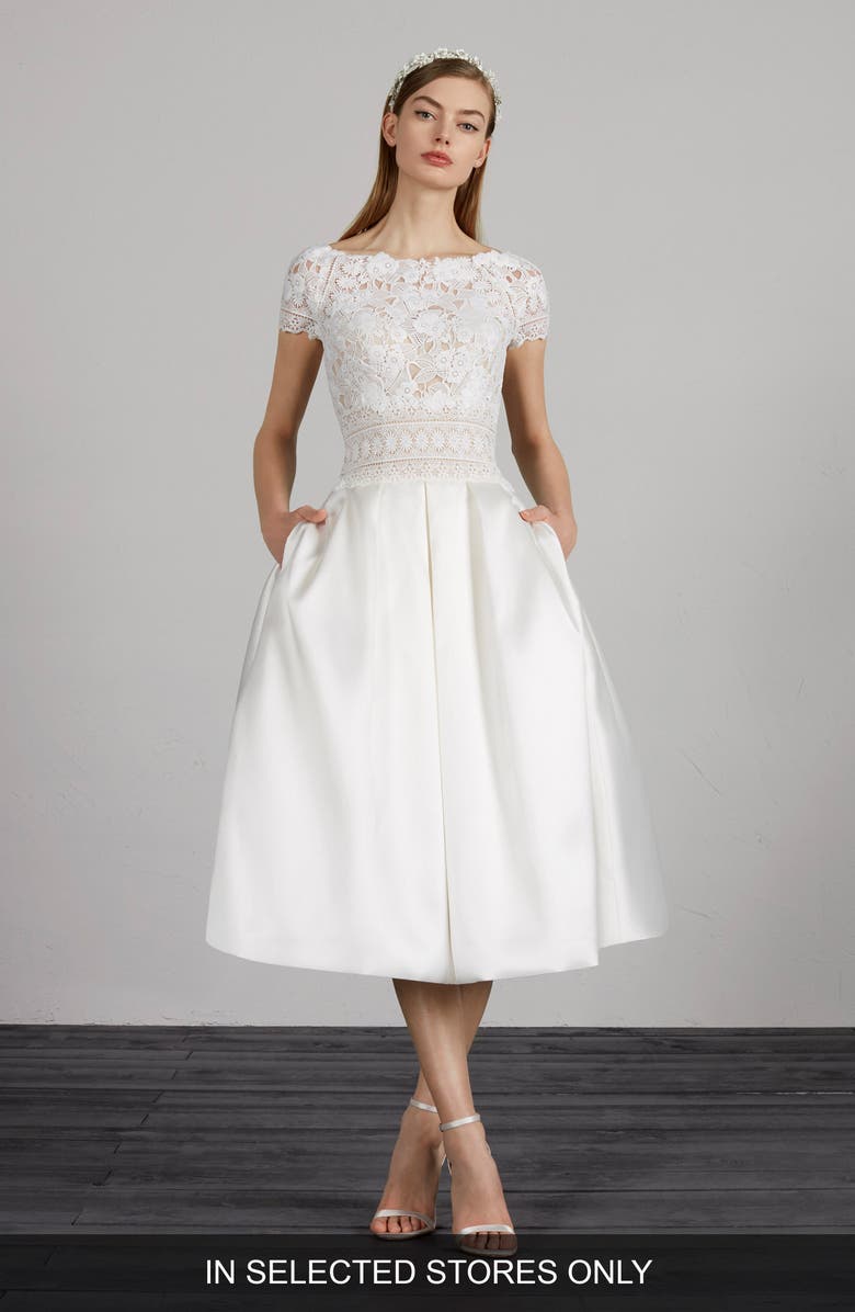 Pronovias Miami Lace & Mikado Tea Length Dress, Main, color, 