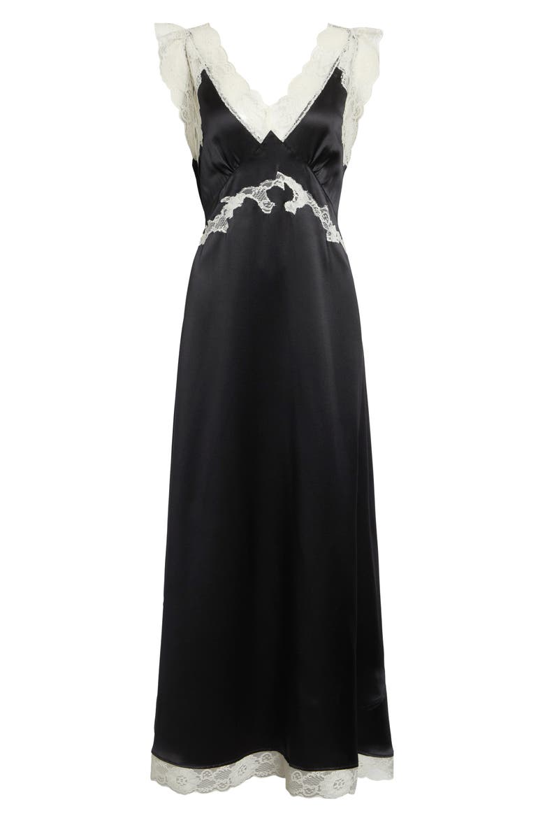 Gender Inclusive Irene Lace Trim Silk Charmeuse Midi Dress, Alternate, color, BLACK