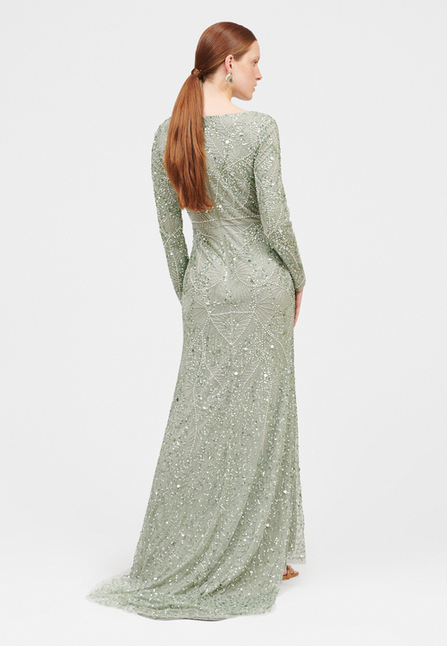 Maryisa Embellished Sequin Beaded A Line Gown In Sage Green