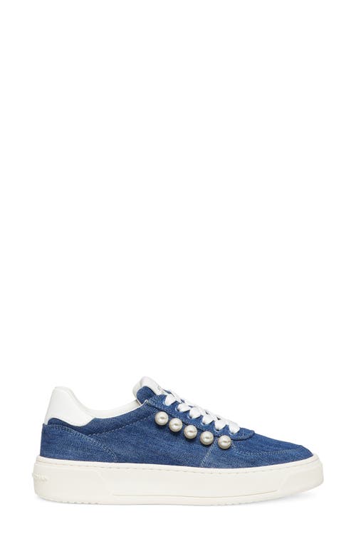 Stuart Weitzman Denim Pearly Stud Low-top Sneakers In Washed/white