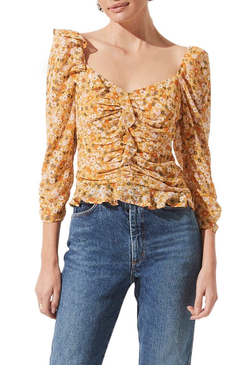Ruched Sleeve Blouse, Main, color, MUSTARD ORANGE DISTY