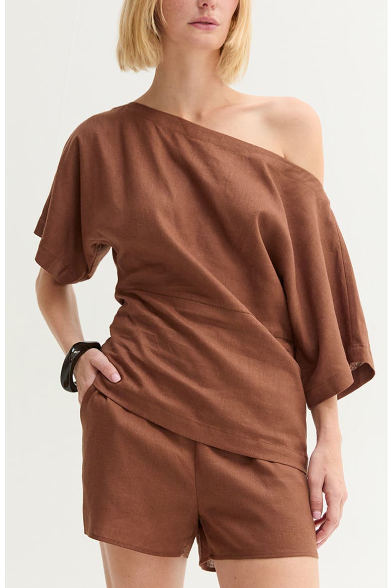 One Shoulder Linen Blend Top, Main, color, Brown