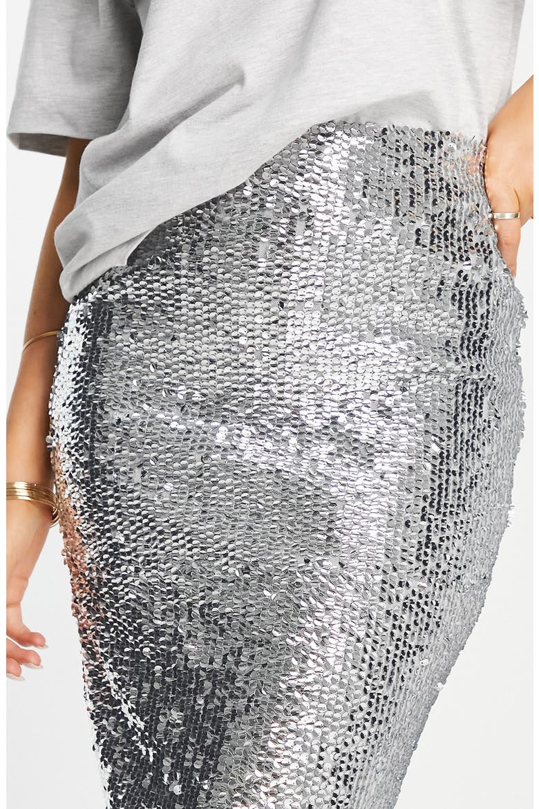 Sequin Midi Skirt, Alternate, color, SILVER