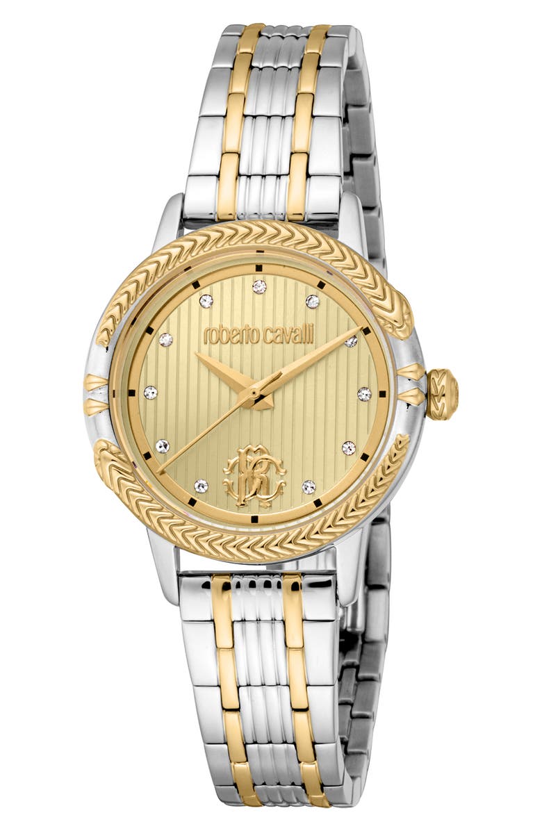 Roberto Cavalli Textured Crystal Two-Tone Quartz Bracelet Watch, 30mm, Main, color, Two Tone Silver & Gold