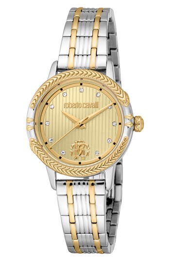 Roberto Cavalli Textured Crystal Two-tone Quartz Bracelet Watch, 30mm In Two Tone Silver & Gold