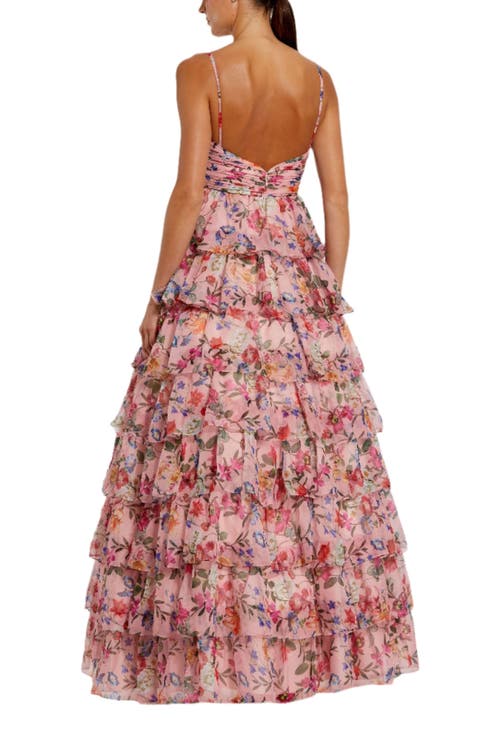Mac Duggal Floral Cut Out Ruffle Layered Gown In Pink Multi